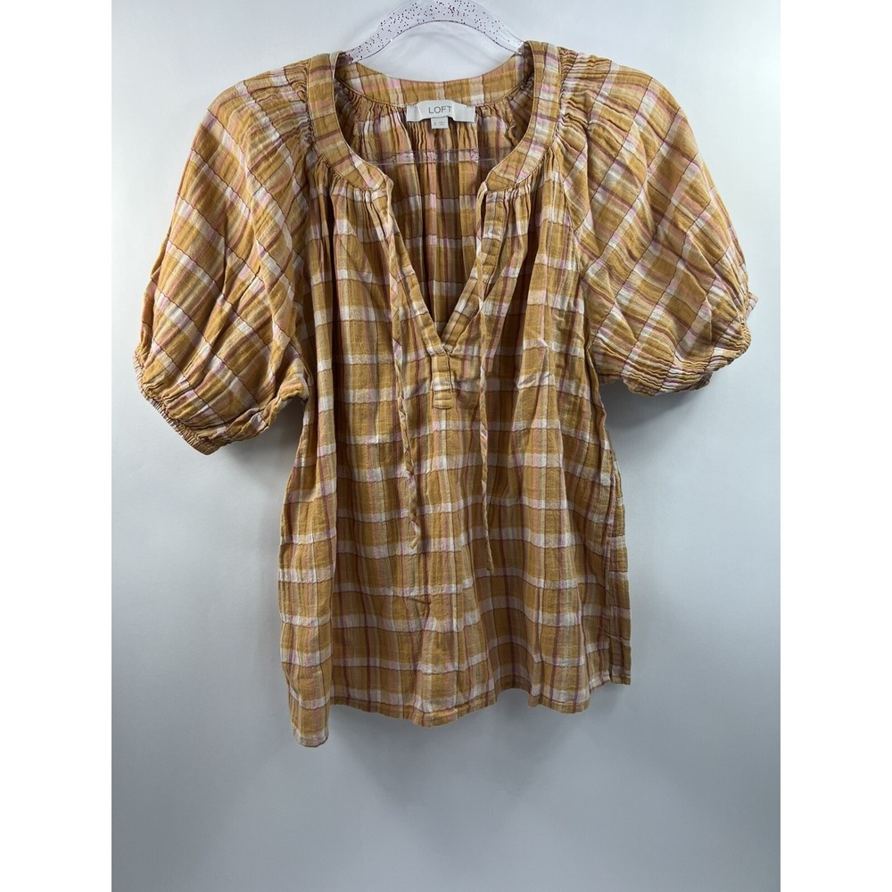 Loft Plaid Short Sleeve Polyester V-Neck Womens Size S Yellow Brown Pink